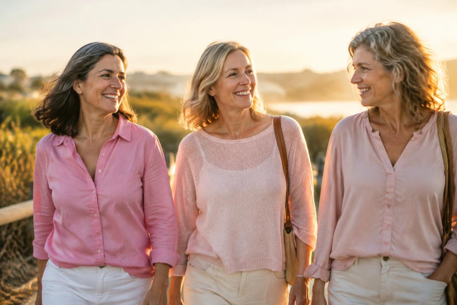 Mujeres caminando felices al atardecer